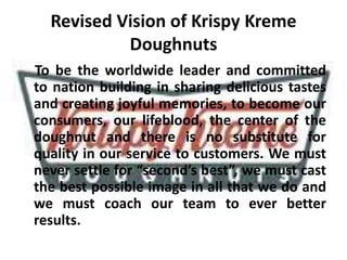 Revised Vision of Krispy Kreme
Doughnuts
To be the worldwide leader and committed
to nation building in sharing delicious tastes
and creating joyful memories, to become our
consumers, our lifeblood, the center of the
doughnut and there is no substitute for
quality in our service to customers. We must
never settle for “second’s best”, we must cast
the best possible image in all that we do and
we must coach our team to ever better
results.
 