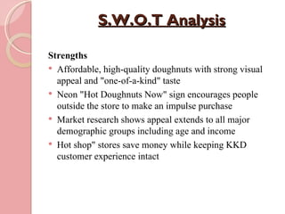 S.W.O.T Analysis

Strengths
 Affordable, high-quality doughnuts with strong visual
  appeal and "one-of-a-kind" taste
 Neon "Hot Doughnuts Now" sign encourages people
  outside the store to make an impulse purchase
 Market research shows appeal extends to all major
  demographic groups including age and income
 Hot shop" stores save money while keeping KKD
  customer experience intact
 
