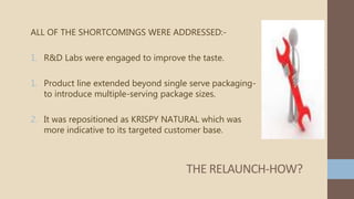 ALL OF THE SHORTCOMINGS WERE ADDRESSED:-
1. R&D Labs were engaged to improve the taste.
1. Product line extended beyond single serve packaging-
to introduce multiple-serving package sizes.
2. It was repositioned as KRISPY NATURAL which was
more indicative to its targeted customer base.
THE RELAUNCH-HOW?
 