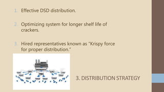 1. Effective DSD distribution.
2. Optimizing system for longer shelf life of
crackers.
3. Hired representatives known as “Krispy force
for proper distribution.”
3. DISTRIBUTION STRATEGY
 