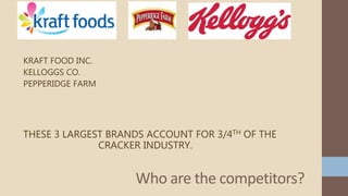 KRAFT FOOD INC.
KELLOGGS CO.
PEPPERIDGE FARM
THESE 3 LARGEST BRANDS ACCOUNT FOR 3/4TH OF THE
CRACKER INDUSTRY.
Who are the competitors?
 