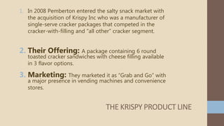 1. In 2008 Pemberton entered the salty snack market with
the acquisition of Krispy Inc who was a manufacturer of
single-serve cracker packages that competed in the
cracker-with-filling and “all other” cracker segment.
2. Their Offering: A package containing 6 round
toasted cracker sandwiches with cheese filling available
in 3 flavor options.
3. Marketing: They marketed it as “Grab and Go” with
a major presence in vending machines and convenience
stores.
THE KRISPY PRODUCT LINE
 