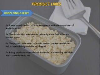 PRODUCT LINES
KRISPY SINGLE SERVE
 It was introduced in 2008 by Pemberton with the acquisition of
Kraft Foods Inc.
 The distribution was focused primarily in the South Eastern
United States.
 The product contained six round toasted cracker sandwiches
With cheese filling available in 3 flavors.
 Krispy products are marketed as mobile or in vending machines
And convenience stores.
 