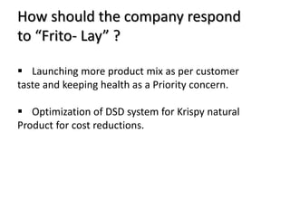 How should the company respond
to “Frito- Lay” ?
 Launching more product mix as per customer
taste and keeping health as a Priority concern.
 Optimization of DSD system for Krispy natural
Product for cost reductions.
 