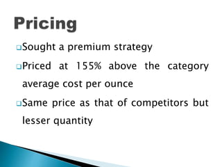 Sought a premium strategy
Priced at 155% above the category
average cost per ounce
Same price as that of competitors but
lesser quantity
 