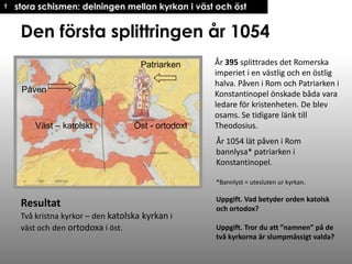† stora schismen: delningen mellan kyrkan i väst och öst

Den första splittringen år 1054
Patriarken

Påven

Väst – katolskt

Öst - ortodoxt

År 395 splittrades det Romerska
imperiet i en västlig och en östlig
halva. Påven i Rom och Patriarken i
Konstantinopel önskade båda vara
ledare för kristenheten. De blev
osams. Se tidigare länk till
Theodosius.

År 1054 lät påven i Rom
bannlysa* patriarken i
Konstantinopel.
*Bannlyst = utesluten ur kyrkan.

Resultat
Två kristna kyrkor – den katolska kyrkan i
väst och den ortodoxa i öst.

Uppgift. Vad betyder orden katolsk
och ortodox?
Uppgift. Tror du att ”namnen” på de
två kyrkorna är slumpmässigt valda?

 