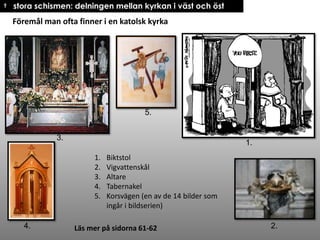 † stora schismen: delningen mellan kyrkan i väst och öst

Föremål man ofta finner i en katolsk kyrka

5.
3.

1.
1.
2.
3.
4.
5.

4.

Biktstol
Vigvattenskål
Altare
Tabernakel
Korsvägen (en av de 14 bilder som
ingår i bildserien)

Läs mer på sidorna 61-62

2.

 