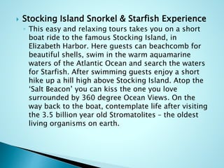  Stocking Island Snorkel & Starfish Experience
◦ This easy and relaxing tours takes you on a short
boat ride to the famous Stocking Island, in
Elizabeth Harbor. Here guests can beachcomb for
beautiful shells, swim in the warm aquamarine
waters of the Atlantic Ocean and search the waters
for Starfish. After swimming guests enjoy a short
hike up a hill high above Stocking Island. Atop the
‘Salt Beacon’ you can kiss the one you love
surrounded by 360 degree Ocean Views. On the
way back to the boat, contemplate life after visiting
the 3.5 billion year old Stromatolites – the oldest
living organisms on earth.
 