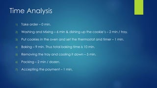 Time Analysis
1) Take order – 0 min.
2) Washing and Mixing – 6 min & dishing up the cookie’s – 2 min / tray.
3) Put cookies in the oven and set the thermostat and timer – 1 min.
4) Baking – 9 min. Thus total baking time is 10 min.
5) Removing the tray and cooling it down – 5 min.
6) Packing – 2 min / dozen.
7) Accepting the payment – 1 min.
 