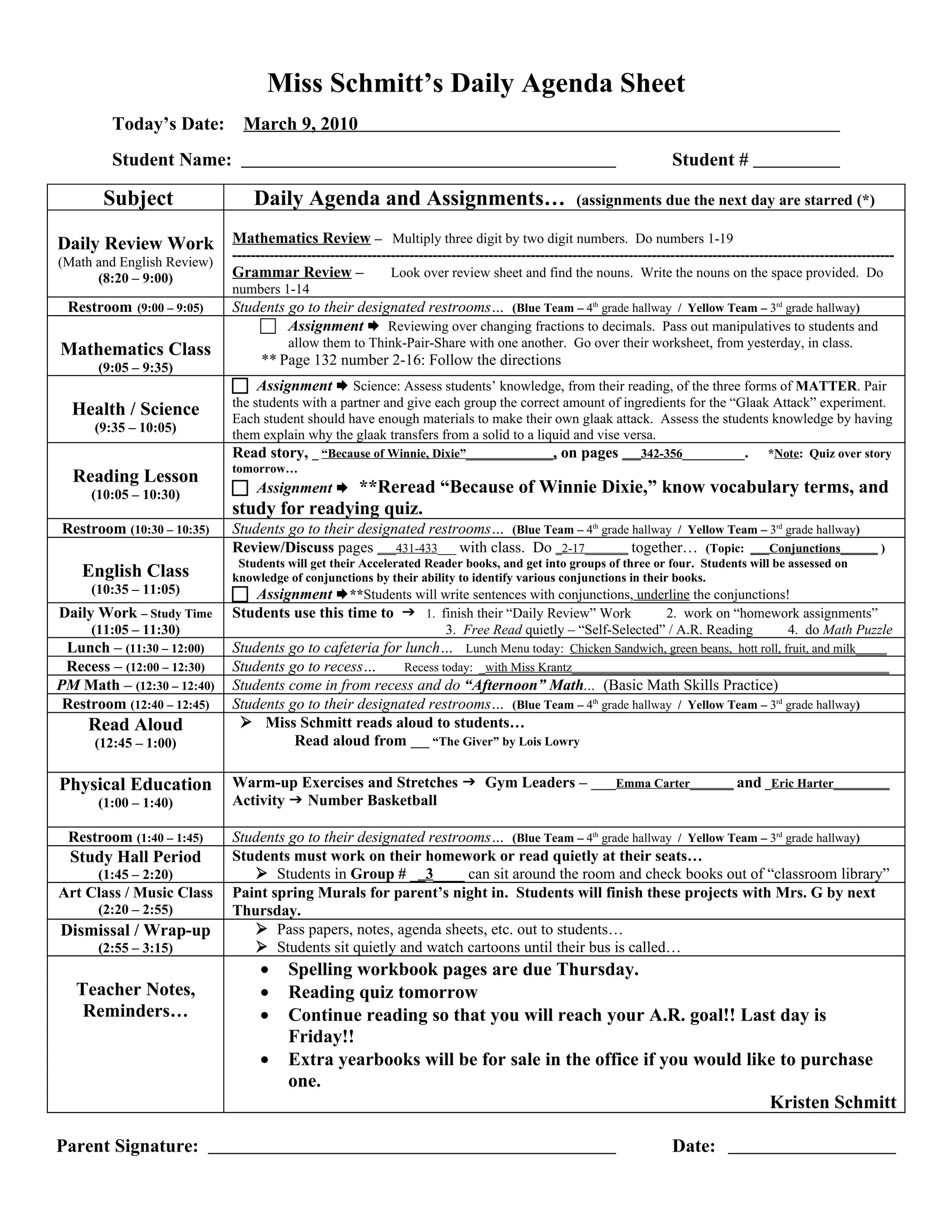 Daily agenda sheet pdf