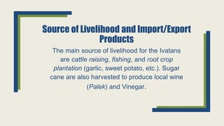 Source of Livelihood and Import/Export
Products
The main source of livelihood for the Ivatans
are cattle raising, fishing, and root crop
plantation (garlic, sweet potato, etc.). Sugar
cane are also harvested to produce local wine
(Palek) and Vinegar.
 