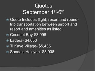 Quotes
September 1st-6th
 Quote Includes flight, resort and round-
trip transportation between airport and
resort and amenities as listed.
 Coconut Bay-$3,998
 Ladera- $4,650
 Ti Kaye Village- $5,435
 Sandals Halcyon- $3,938
 