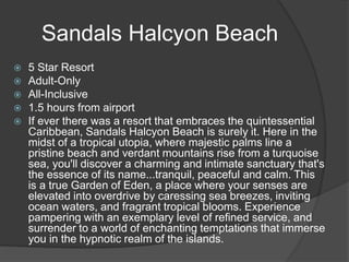Sandals Halcyon Beach
 5 Star Resort
 Adult-Only
 All-Inclusive
 1.5 hours from airport
 If ever there was a resort that embraces the quintessential
Caribbean, Sandals Halcyon Beach is surely it. Here in the
midst of a tropical utopia, where majestic palms line a
pristine beach and verdant mountains rise from a turquoise
sea, you'll discover a charming and intimate sanctuary that's
the essence of its name...tranquil, peaceful and calm. This
is a true Garden of Eden, a place where your senses are
elevated into overdrive by caressing sea breezes, inviting
ocean waters, and fragrant tropical blooms. Experience
pampering with an exemplary level of refined service, and
surrender to a world of enchanting temptations that immerse
you in the hypnotic realm of the islands.
 