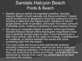 Sandals Halcyon Beach
Pools & Beach
 Nestled along a stretch of unspoiled coastline, Sandals
Halcyon Beach is built naturally into the environment. Classic
island architecture is designed to bring the outdoors in and no
building is taller than the highest palm. Gardens of vibrant
ginger plants, birds of paradise, and exotic fruit trees surround
irresistible pools, creating a backdrop of awe-inspiring beauty
 Set along an unspoiled stretch of perfect, white-sand beach,
Sandals Halcyon Beach offers beachgoers magnificent views
and a perfectly tranquil place to relax. If you're looking for a
little more activity, take to the water on a kayak, a paddleboard
or a sailboat, or explore beneath the waves with some
snorkeling right from the beach.
 Two main pools are found on this spectacular property,
including a free-form pool with swim-up bar and a quiet pool
for those seeking relaxation. For those who want to learn to
dive, our scuba pool is where you'll begin. You'll also find three
whirlpools to choose from, each the perfect spot to sit back
and enjoy the scenery.
 