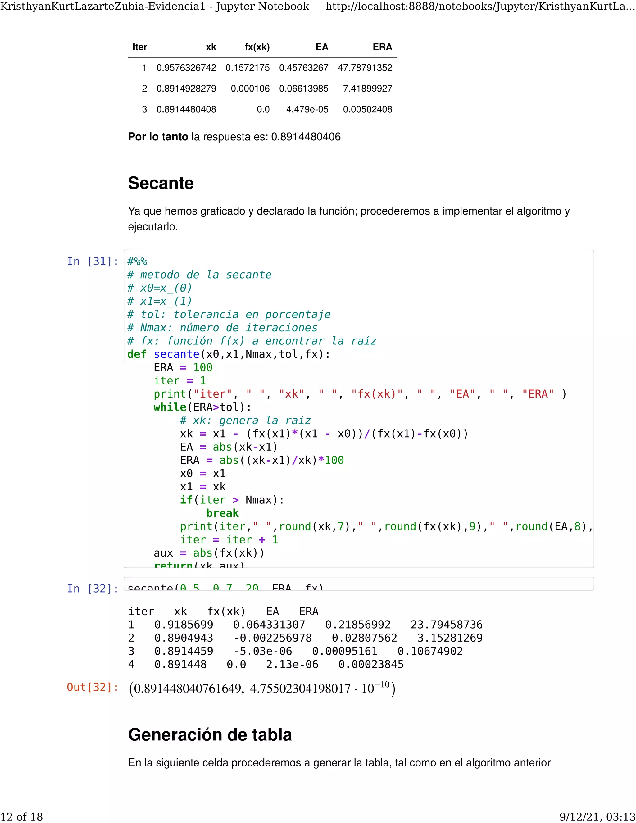 Por lo tanto la respuesta es: 0.8914480406
Secante
Ya que hemos graﬁcado y declarado la función; procederemos a implementar el algoritmo y
ejecutarlo.
In [31]:
In [32]:
Generación de tabla
En la siguiente celda procederemos a generar la tabla, tal como en el algoritmo anterior
Iter xk fx(xk) EA ERA
1 0.9576326742 0.1572175 0.45763267 47.78791352
2 0.8914928279 0.000106 0.06613985 7.41899927
3 0.8914480408 0.0 4.479e-05 0.00502408
iter xk fx(xk) EA ERA
1 0.9185699 0.064331307 0.21856992 23.79458736
2 0.8904943 -0.002256978 0.02807562 3.15281269
3 0.8914459 -5.03e-06 0.00095161 0.10674902
4 0.891448 0.0 2.13e-06 0.00023845
Out[32]: (0.891448040761649,  4.75502304198017 ⋅ )
10−10
#%%
# metodo de la secante
# x0=x_(0)
# x1=x_(1)
# tol: tolerancia en porcentaje
# Nmax: número de iteraciones
# fx: función f(x) a encontrar la raíz
def secante(x0,x1,Nmax,tol,fx):
ERA = 100
iter = 1
print("iter", " ", "xk", " ", "fx(xk)", " ", "EA", " ", "ERA" )
while(ERA>tol):
# xk: genera la raiz
xk = x1 - (fx(x1)*(x1 - x0))/(fx(x1)-fx(x0))
EA = abs(xk-x1)
ERA = abs((xk-x1)/xk)*100
x0 = x1
x1 = xk
if(iter > Nmax):
break
print(iter," ",round(xk,7)," ",round(fx(xk),9)," ",round(EA,8),
iter = iter + 1
aux = abs(fx(xk))
return(xk,aux)
secante(0.5 0.7 20 ERA fx)
KristhyanKurtLazarteZubia-Evidencia1 - Jupyter Notebook http://localhost:8888/notebooks/Jupyter/KristhyanKurtLa...
12 of 18 9/12/21, 03:13
 
