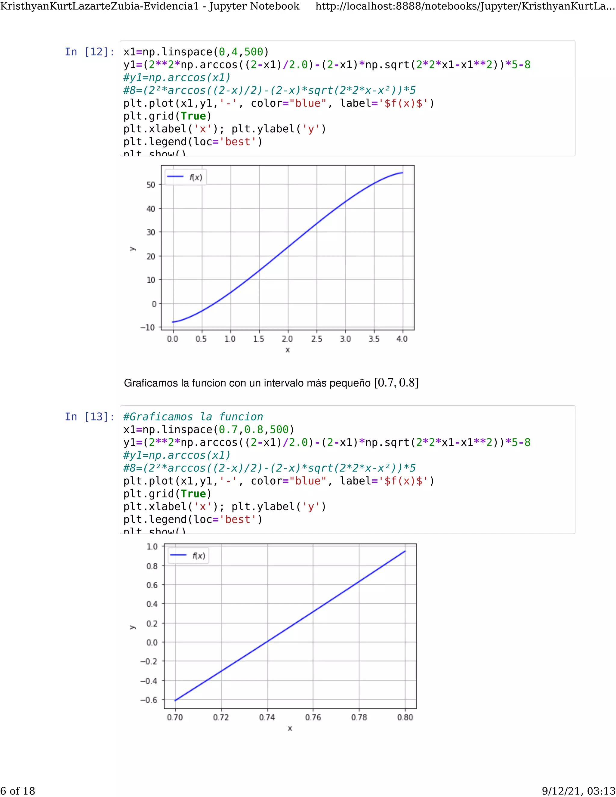 In [12]:
Graﬁcamos la funcion con un intervalo más pequeño [0.7, 0.8]
In [13]:
x1=np.linspace(0,4,500)
y1=(2**2*np.arccos((2-x1)/2.0)-(2-x1)*np.sqrt(2*2*x1-x1**2))*5-8
#y1=np.arccos(x1)
#8=(2²*arccos((2-x)/2)-(2-x)*sqrt(2*2*x-x²))*5
plt.plot(x1,y1,'-', color="blue", label='$f(x)$')
plt.grid(True)
plt.xlabel('x'); plt.ylabel('y')
plt.legend(loc='best')
plt show()
#Graficamos la funcion
x1=np.linspace(0.7,0.8,500)
y1=(2**2*np.arccos((2-x1)/2.0)-(2-x1)*np.sqrt(2*2*x1-x1**2))*5-8
#y1=np.arccos(x1)
#8=(2²*arccos((2-x)/2)-(2-x)*sqrt(2*2*x-x²))*5
plt.plot(x1,y1,'-', color="blue", label='$f(x)$')
plt.grid(True)
plt.xlabel('x'); plt.ylabel('y')
plt.legend(loc='best')
plt.show()
KristhyanKurtLazarteZubia-Evidencia1 - Jupyter Notebook http://localhost:8888/notebooks/Jupyter/KristhyanKurtLa...
6 of 18 9/12/21, 03:13
 