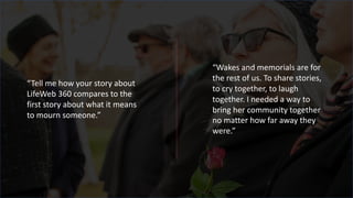 “Tell me how your story about
LifeWeb 360 compares to the
first story about what it means
to mourn someone.”
“Wakes and memorials are for
the rest of us. To share stories,
to cry together, to laugh
together. I needed a way to
bring her community together
no matter how far away they
were.”
 