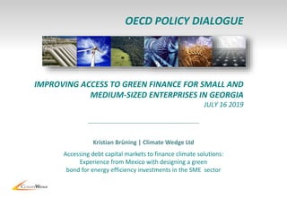 1
Accessing debt capital markets to finance climate solutions:
Experience from Mexico with designing a green
bond for energy efficiency investments in the SME sector
Kristian Brüning | Climate Wedge Ltd
OECD POLICY DIALOGUE
IMPROVING ACCESS TO GREEN FINANCE FOR SMALL AND
MEDIUM-SIZED ENTERPRISES IN GEORGIA
JULY 16 2019
 