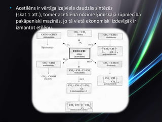 Visbiežāk sastopamais alkīni: C2H2(etīns jeb acetilēns)                                                     C3H4(propīns)Alkīni ir vēl reaģētspējīgāki par alkāniem.