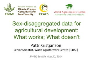 Sex-disaggregated data for 
agricultural development: 
What works; What doesn’t 
Patti Kristjanson 
Senior Scientist, World Agroforestry Centre (ICRAF) 
BMGF, Seattle, Aug 20, 2014 
 