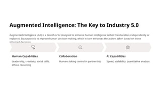 Augmented Intelligence: The Key to Industry 5.0
Augmented intelligence (AuI) is a branch of AI designed to enhance human intelligence rather than function independently or
replace it. Its purpose is to improve human decision-making, which in turn enhances the actions taken based on those
informed decisions.
Human Capabilities
Leadership, creativity, social skills,
ethical reasoning
Collaboration
Humans taking control in partnership
AI Capabilities
Speed, scalability, quantitative analysis
 