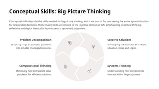 Conceptual Skills: Big Picture Thinking
Conceptual skills describe the skills needed for big picture thinking, which are crucial for overseeing the entire system function
for responsible decisions. These mainly skills are related to the cognitive domain of GAs emphasizing on critical thinking,
reflexivity and digital literacy for human-centric optimised judgement.
Problem Decomposition
Breaking large or complex problems
into smaller, manageable pieces
Creative Solutions
Developing solutions for the whole
situation, ideas and topics
Systems Thinking
Understanding how components
interact within larger systems
Computational Thinking
Mimicking how computers solve
problems for efficient solutions
 
