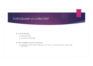 Individueel vs collectief

 

Individualisering!
 
 

 

Individueel fysiek
In functie van de positie

Best mogelijke collectieve oplossing
 

Paradox: technisch onder / fysiek boven hun niveau >< technisch boven / fysiek onder
hun niveau

 