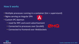 Seattle | September 16-17, 2019
How it works
• Multiple processes running in a container (tini + supervisord)
• Nginx serving an Angular SPA
• Custom IPC daemon
• Used for RPC and event advertisement
• Connected to processes over ZeroMQ
• Connected to frontend over WebSockets
 