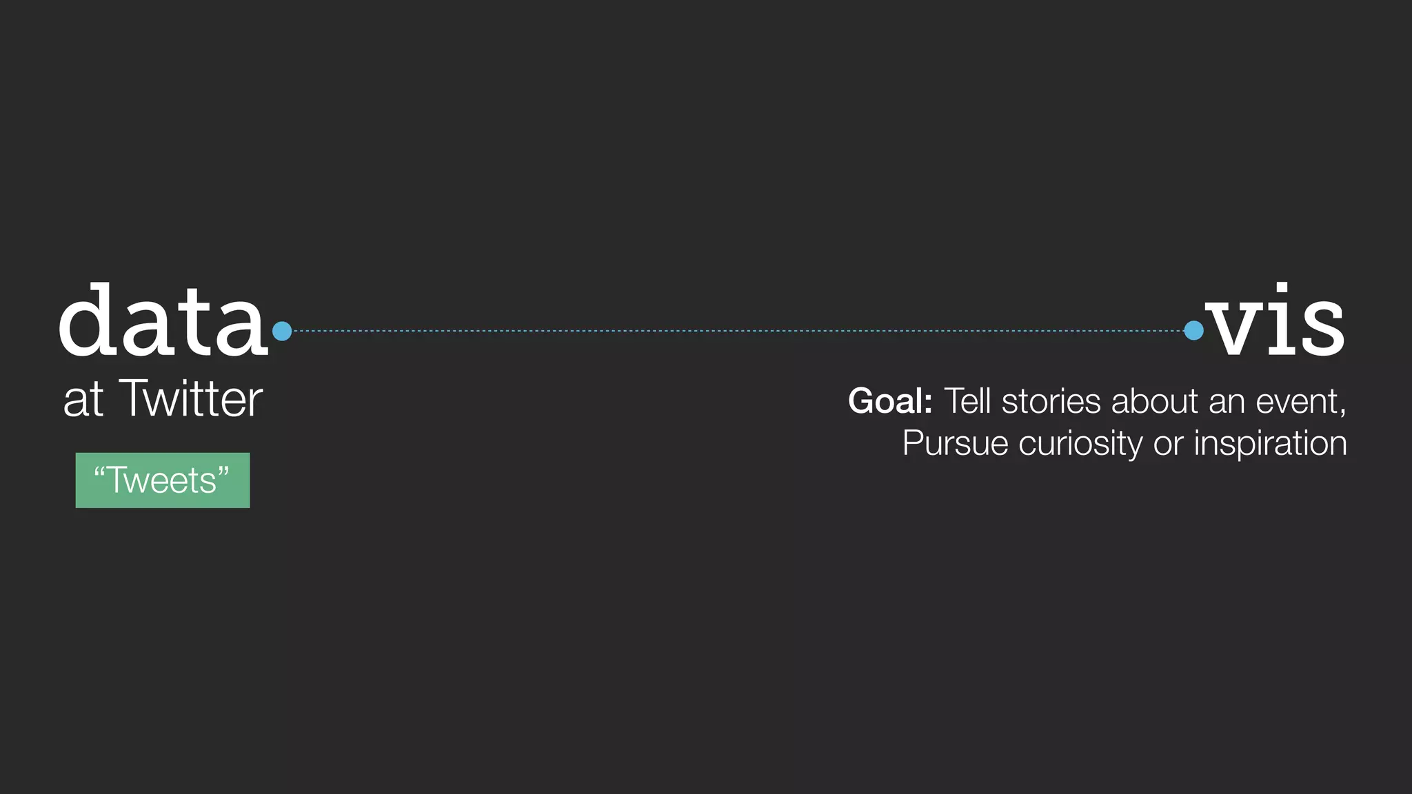 vis 
data 
at Twitter 
“Tweets” 
Tell stories about an event, 
Pursue curiosity or inspiration 
Goal: 
 
