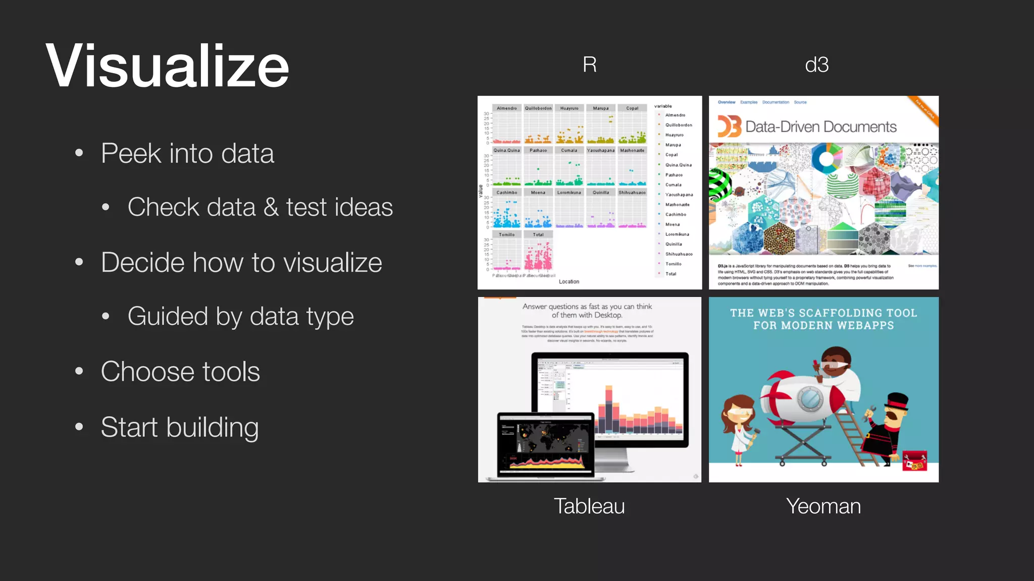 Visualize 
• Peek into data 
• Check data & test ideas 
• Decide how to visualize 
• Guided by data type 
• Choose tools 
• Start building 
R d3 
Tableau Yeoman 
 