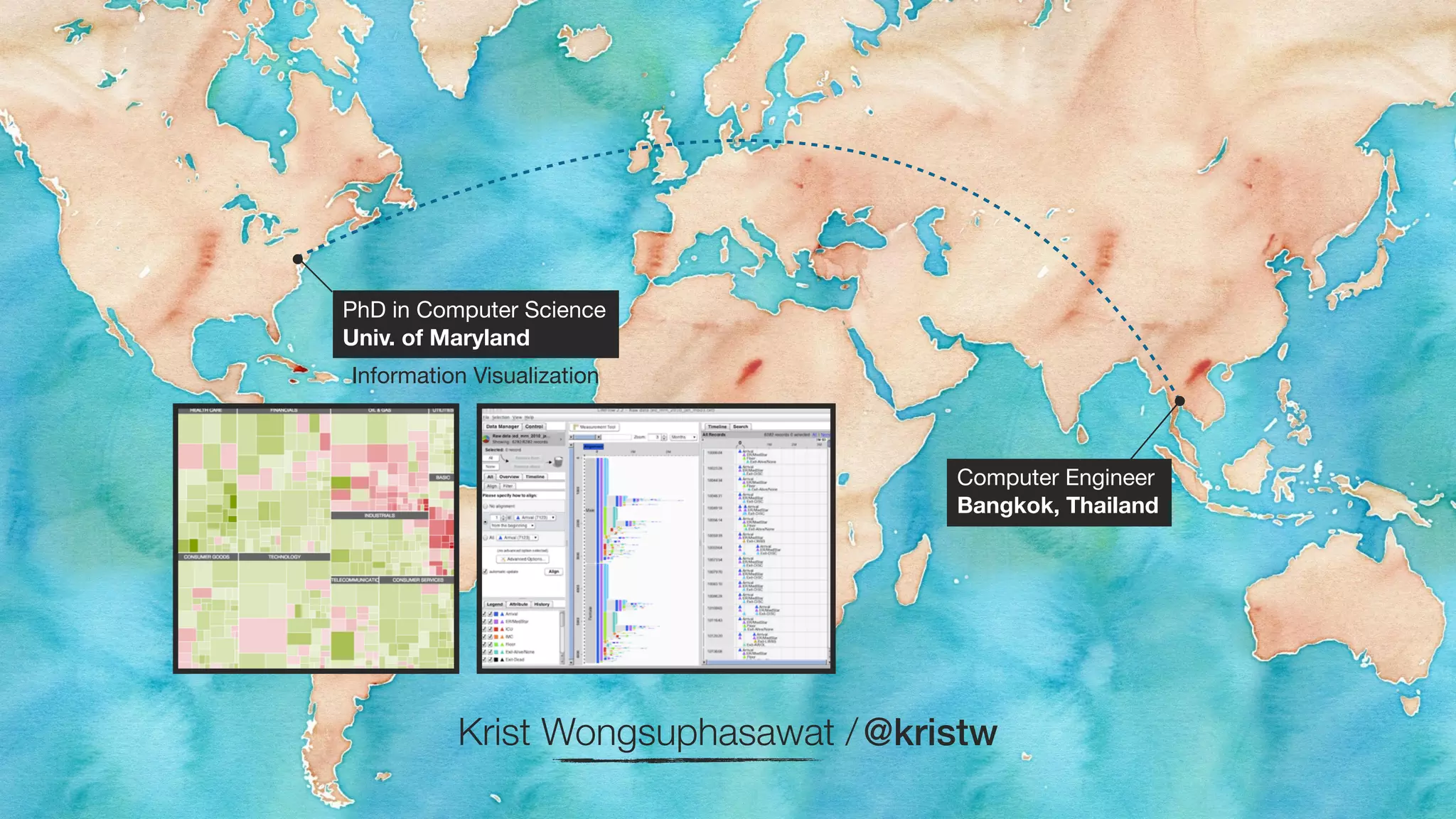 Computer Engineer 
Bangkok, Thailand 
PhD in Computer Science 
Univ. of Maryland 
Information Visualization 
Krist Wongsuphasawat / @kristw 
 