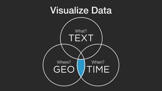 Visualize Data 
What? 
TEXT 
Where? When? 
GEO TIME 
 