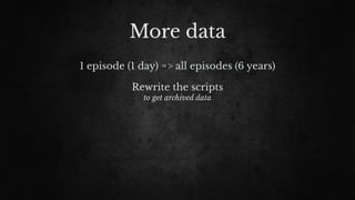 More data
1 episode (1 day) => all episodes (6 years)
Rewrite the scripts
to get archived data
 