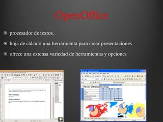 OpenOffice
procesador de textos,

hoja de cálculo una herramienta para crear presentaciones

ofrece una extensa variedad de herramientas y opciones
 