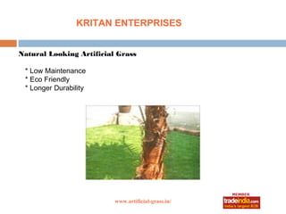 KRITAN ENTERPRISES


Natural Looking Artificial Grass

 * Low Maintenance
 * Eco Friendly
 * Longer Durability




                          www.artificial-grass.in/
 
