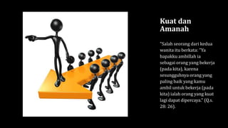 Kuat dan
Amanah
"Salah seorang dari kedua
wanita itu berkata: "Ya
bapakku ambillah ia
sebagai orang yang bekerja
(pada kita), karena
sesungguhnya orang yang
paling baik yang kamu
ambil untuk bekerja (pada
kita) ialah orang yang kuat
lagi dapat dipercaya." (Q.s.
28: 26).
 