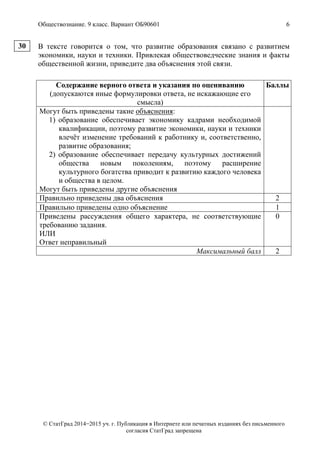 Обществознание. 9 класс. Вариант ОБ90601 6
© СтатГрад 2014−2015 уч. г. Публикация в Интернете или печатных изданиях без письменного
согласия СтатГрад запрещена
В тексте говорится о том, что развитие образования связано с развитием
экономики, науки и техники. Привлекая обществоведческие знания и факты
общественной жизни, приведите два объяснения этой связи.
Содержание верного ответа и указания по оцениванию
(допускаются иные формулировки ответа, не искажающие его
смысла)
Баллы
Могут быть приведены такие объяснения:
1) образование обеспечивает экономику кадрами необходимой
квалификации, поэтому развитие экономики, науки и техники
влечёт изменение требований к работнику и, соответственно,
развитие образования;
2) образование обеспечивает передачу культурных достижений
общества новым поколениям, поэтому расширение
культурного богатства приводит к развитию каждого человека
и общества в целом.
Могут быть приведены другие объяснения
Правильно приведены два объяснения 2
Правильно приведены одно объяснение 1
Приведены рассуждения общего характера, не соответствующие
требованию задания.
ИЛИ
Ответ неправильный
0
Максимальный балл 2
30
 