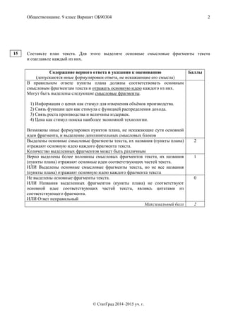 Обществознание. 9 класс Вариант ОБ90304 2
© СтатГрад 2014–2015 уч. г.
Составьте план текста. Для этого выделите основные смысловые фрагменты текста
и озаглавьте каждый из них.
Содержание верного ответа и указания к оцениванию
(допускаются иные формулировки ответа, не искажающие его смысла)
Баллы
В правильном ответе пункты плана должны соответствовать основным
смысловым фрагментам текста и отражать основную идею каждого из них.
Могут быть выделены следующие смысловые фрагменты.
1) Информация о ценах как стимул для изменения объёмов производства.
2) Связь функции цен как стимула с функцией распределения дохода.
3) Связь роста производства и величины издержек.
4) Цена как стимул поиска наиболее экономной технологии.
Возможны иные формулировки пунктов плана, не искажающие сути основной
идеи фрагмента, и выделение дополнительных смысловых блоков
Выделены основные смысловые фрагменты текста, их названия (пункты плана)
отражают основную идею каждого фрагмента текста.
Количество выделенных фрагментов может быть различным
2
Верно выделены более половины смысловых фрагментов текста, их названия
(пункты плана) отражают основные идеи соответствующих частей текста.
ИЛИ Выделены основные смысловые фрагменты текста, но не все названия
(пункты плана) отражают основную идею каждого фрагмента текста
1
Не выделены основные фрагменты текста.
ИЛИ Названия выделенных фрагментов (пункты плана) не соответствуют
основной идее соответствующих частей текста, являясь цитатами из
соответствующего фрагмента.
ИЛИ Ответ неправильный
0
Максимальный балл 2
15
 