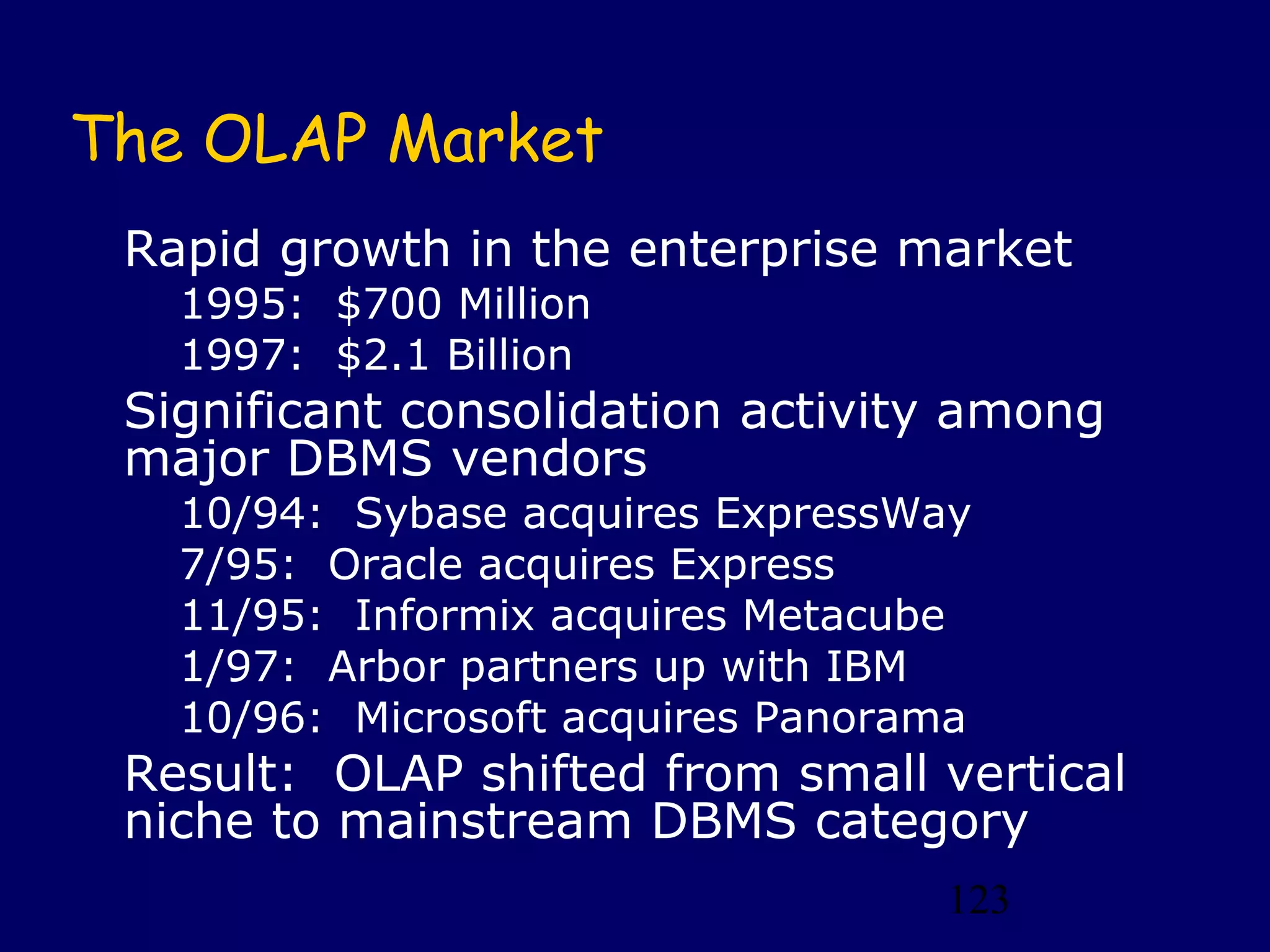 The OLAP Market
 Rapid growth in the enterprise market
   1995: $700 Million
   1997: $2.1 Billion
 Significant consolidation activity among
 major DBMS vendors
   10/94: Sybase acquires ExpressWay
   7/95: Oracle acquires Express
   11/95: Informix acquires Metacube
   1/97: Arbor partners up with IBM
   10/96: Microsoft acquires Panorama
 Result: OLAP shifted from small vertical
 niche to mainstream DBMS category
                                   123
 