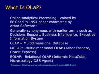 What Is OLAP?

 Online Analytical Processing - coined by
 EF Codd in 1994 paper contracted by
 Arbor Software*
 Generally synonymous with earlier terms such as
 Decisions Support, Business Intelligence, Executive
 Information System
 OLAP = Multidimensional Database
 MOLAP: Multidimensional OLAP (Arbor Essbase,
 Oracle Express)
 ROLAP: Relational OLAP (Informix MetaCube,
 Microstrategy DSS Agent)
 * Reference: http://www.arborsoft.com/essbase/wht_ppr/coddTOC.html

                                                                 122
 