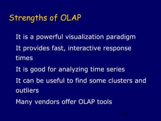 Strengths of OLAP

 It is a powerful visualization paradigm
 It provides fast, interactive response
 times
 It is good for analyzing time series
 It can be useful to find some clusters and
 outliers
 Many vendors offer OLAP tools
                                   124
 