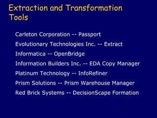 Extraction and Transformation
Tools

 Carleton Corporation -- Passport
 Evolutionary Technologies Inc. -- Extract
 Informatica -- OpenBridge
 Information Builders Inc. -- EDA Copy Manager
 Platinum Technology -- InfoRefiner
 Prism Solutions -- Prism Warehouse Manager
 Red Brick Systems -- DecisionScape Formation


                                       155
 