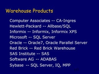 Warehouse Products
 Computer Associates -- CA-Ingres
 Hewlett-Packard -- Allbase/SQL
 Informix -- Informix, Informix XPS
 Microsoft -- SQL Server
 Oracle -- Oracle7, Oracle Parallel Server
 Red Brick -- Red Brick Warehouse
 SAS Institute -- SAS
 Software AG -- ADABAS
 Sybase -- SQL Server, IQ, MPP
                                  157
 