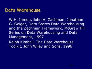 Data Warehouse

 W.H. Inmon, John A. Zachman, Jonathan
 G. Geiger, Data Stores Data Warehousing
 and the Zachman Framework, McGraw Hill
 Series on Data Warehousing and Data
 Management, 1997
 Ralph Kimball, The Data Warehouse
 Toolkit, John Wiley and Sons, 1996




                               165
 