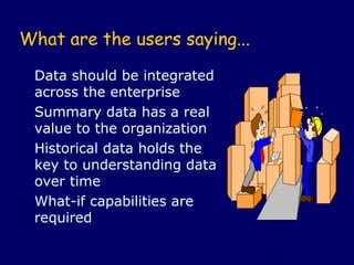 What are the users saying...

 Data should be integrated
 across the enterprise
 Summary data has a real
 value to the organization
 Historical data holds the
 key to understanding data
 over time
 What-if capabilities are
 required

                               7
 