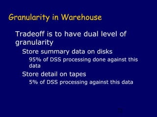 Granularity in Warehouse

 Tradeoff is to have dual level of
 granularity
   Store summary data on disks
     95% of DSS processing done against this
     data
   Store detail on tapes
     5% of DSS processing against this data




                                     72
 