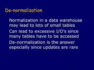 De-normalization

 Normalization in a data warehouse
 may lead to lots of small tables
 Can lead to excessive I/O’s since
 many tables have to be accessed
 De-normalization is the answer
 especially since updates are rare



                            81
 