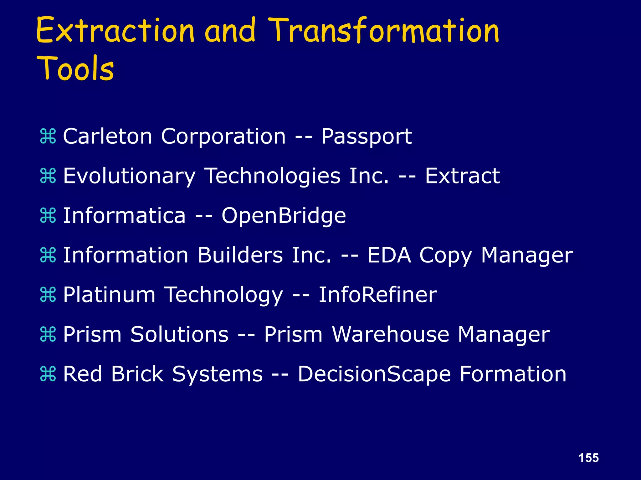 155
Extraction and Transformation
Tools
 Carleton Corporation -- Passport
 Evolutionary Technologies Inc. -- Extract
 Informatica -- OpenBridge
 Information Builders Inc. -- EDA Copy Manager
 Platinum Technology -- InfoRefiner
 Prism Solutions -- Prism Warehouse Manager
 Red Brick Systems -- DecisionScape Formation
 