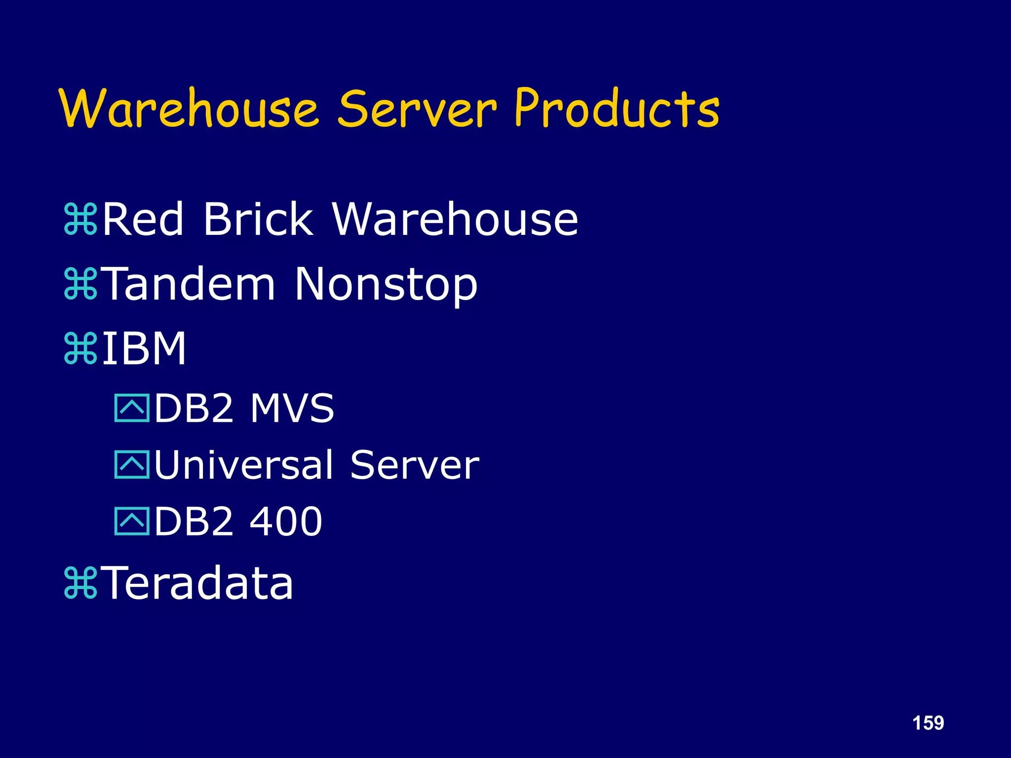 159
Warehouse Server Products
Red Brick Warehouse
Tandem Nonstop
IBM
DB2 MVS
Universal Server
DB2 400
Teradata
 