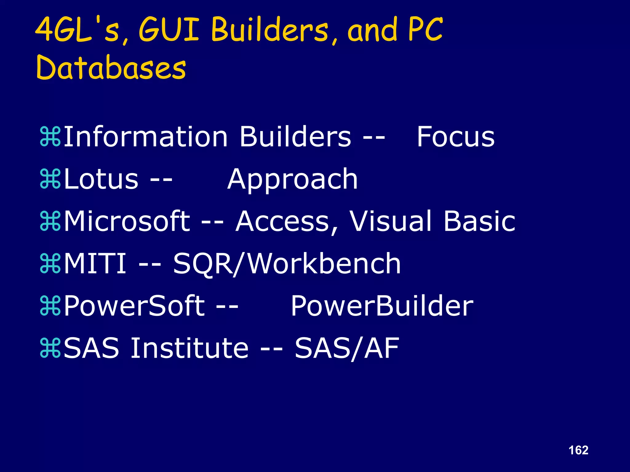 162
4GL's, GUI Builders, and PC
Databases
Information Builders -- Focus
Lotus -- Approach
Microsoft -- Access, Visual Basic
MITI -- SQR/Workbench
PowerSoft -- PowerBuilder
SAS Institute -- SAS/AF
 
